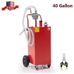 Gas Caddy Fuel Diesel Oil Transfer Tank 4 Wheels Portable with Pump 40 Gallon Red